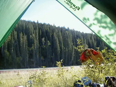 View from the tent camping on an island in the river