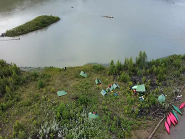 Drone picture of a wilderness camp wilderness camping, canoe trip